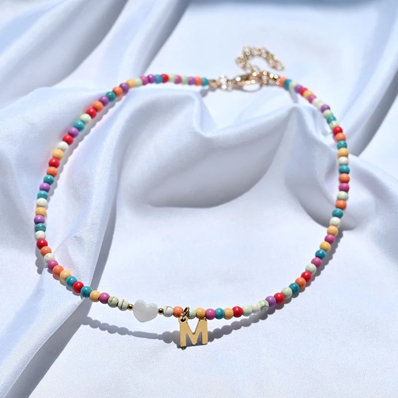 Colorful Beads Initial Choker for Women Stainless Steel Letter Pendant Necklace Fashion Shell Heart Jewelry Boho Accessories