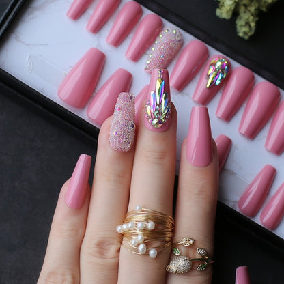 pink coffin crystal bling false nails Acrylic nails ballet caviar Design nails Custom logo with Adhesive tabs sticker