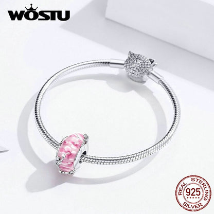 WOSTU Real 925 Sterling Silver Murano Glass Pink Beads Crystal Round Charms Fit Original Bracelet Pendant Luxury Jewelry Making