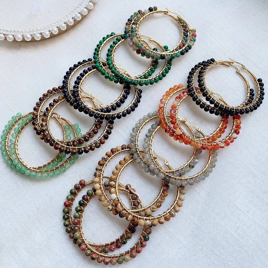 50mm Large Natural Stone Earrings for Women Ear Ring Agates Crystal Gold Plated Stainless Steel Circle Hoop Earring Boho Jewelry - Charlie Dolly