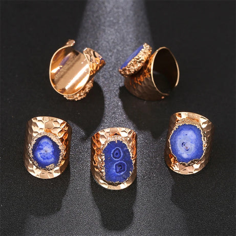 Boho Irregular Natural Stone Agate Slices Sunflower Wide Open Ring for Women Gold Plated Resizable Finger Jewelry - Charlie Dolly