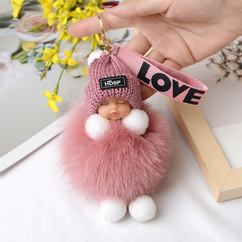 Pompom Sleeping Baby Keychain Cute Fluffy Plush Doll Keychains Women Girl Bags Keyrings Cars Key Ring  Gift Charming  Decoration - Charlie Dolly