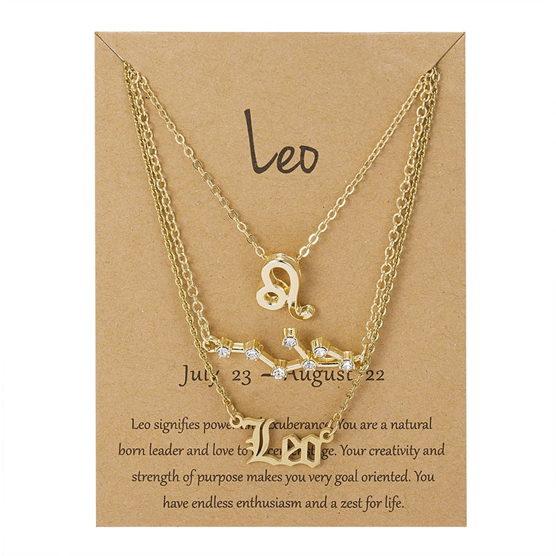 3Pcs/set 12 Zodiac Sign Necklace For Women 12 Constellation Pendant Chain Choker Birthday Jewelry With Cardboard Card - Charlie Dolly