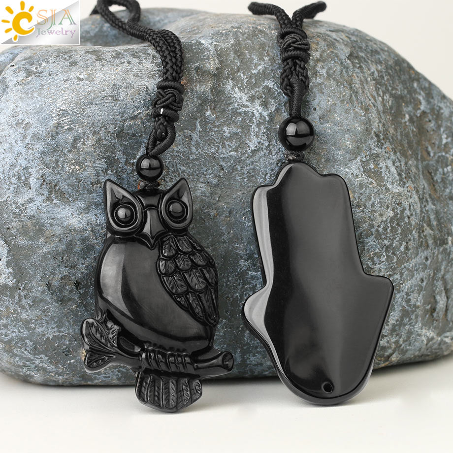 CSJA Obsidian Necklace Natural Stone Wolf Buddha Sculpture Tree of Life Animal Owl Men Necklaces Pendant Meditation Jewelry G644 - Charlie Dolly