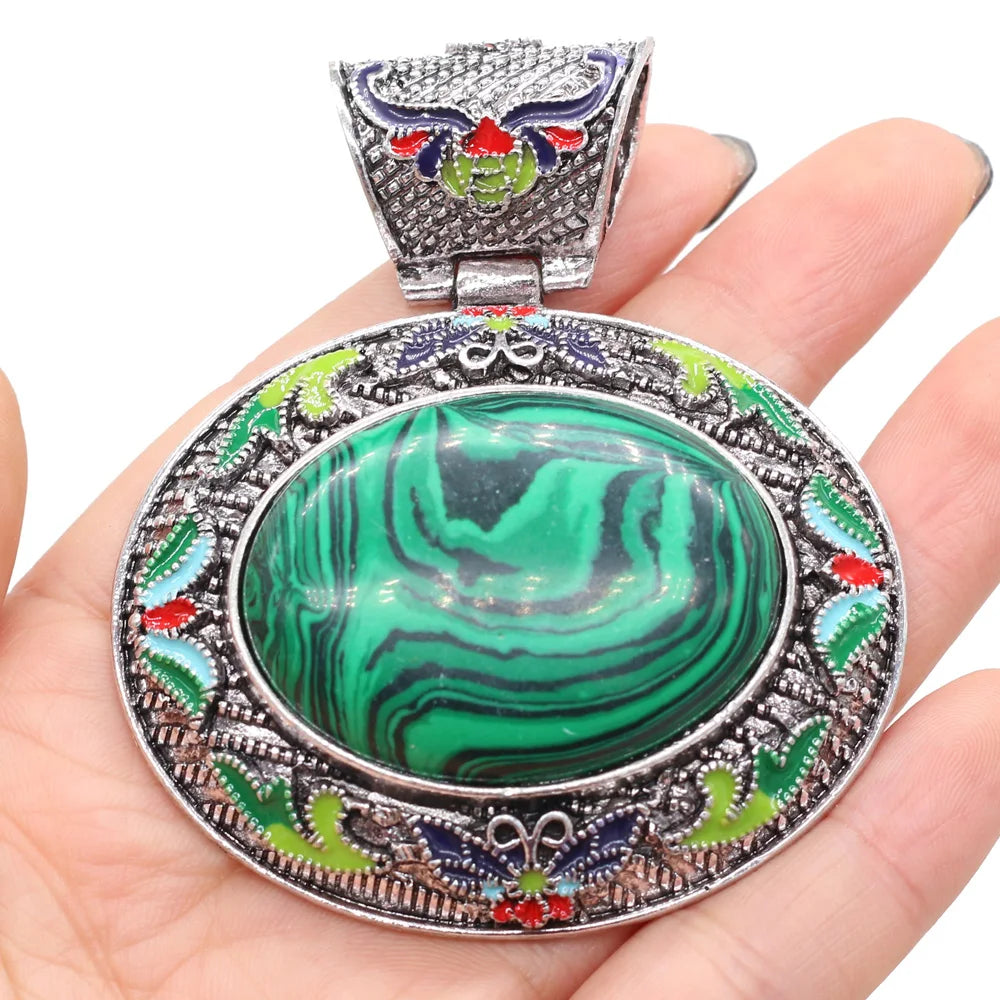 Vintage Ethnic Natural Stone Crystal Agates Charms Elliptical Boho Abalone Shell Pendant for Jewelry Making DIY Necklace Gift
