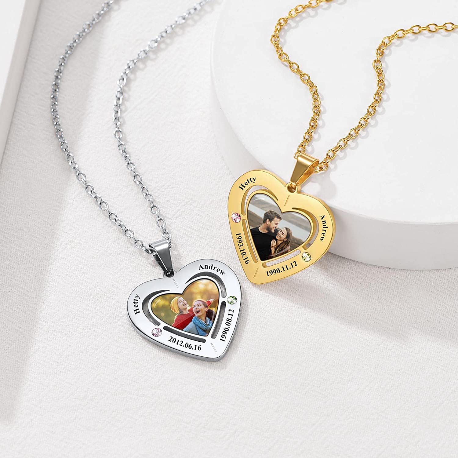 U7 Heart Necklace with 2-3 Birthstone Name Engraved Stainless Steel Custom Picture Pendant Necklaces for Women Girl - Charlie Dolly