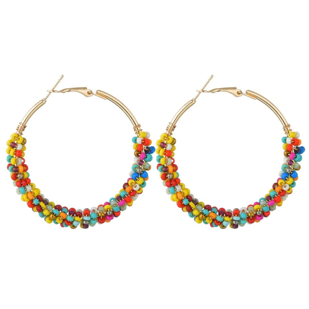 Kymyad Bohemian Multicolor Beads Hoop Earrings For Women Handmade Boho Ear Vintage Jewelry Gold Color Big Statement Earrings