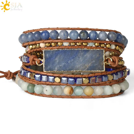 Natural Stone Multi layer Leather Bracelet for Women Blue Aventurine Crystal Hematite Bead Wrapped Bracelet 5  Boho Jewelry S564 - Charlie Dolly