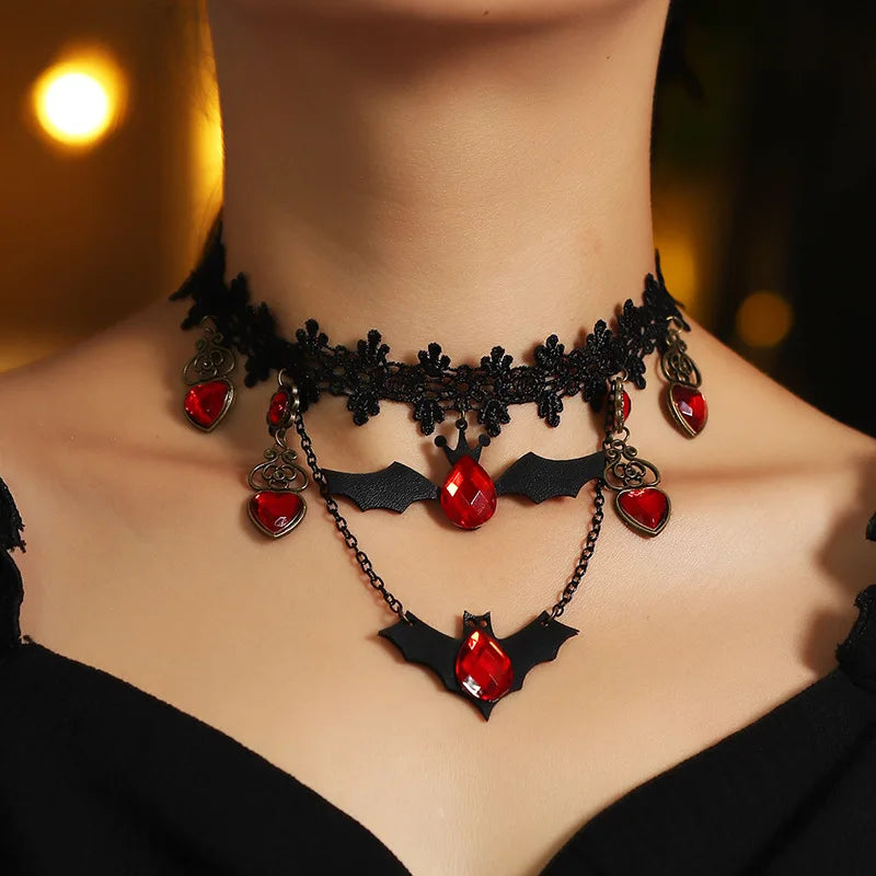 Gothic Jewelry Red Bat Halloween Necklace Lace Choker Necklace for Women Nightmare Before Christmas Black Layered Necklace 2023