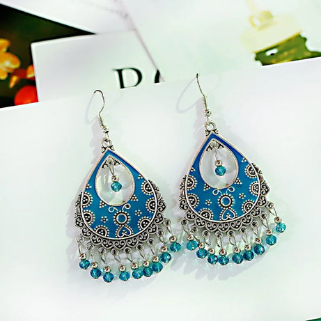 خمر الخرز الأحمر شرابة أقراط الزفاف الهندي Jhumka العتيقة بوهو الفضة اللون زهرة منحوتة إسقاط أقراط Brincos مجوهرات