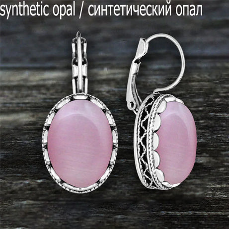 Oval Amethysts Earrings For Women Tibetan Silver Natural Stone Rose Quartz Lapis Lazuli Tiger Eye Fashion Earring - Charlie Dolly