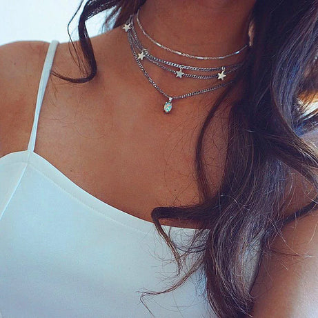 Moon Cross Tree Star Layered Choker Necklace Jewelry
