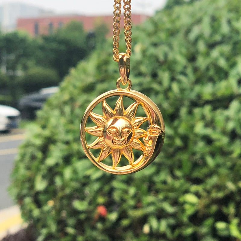 Stainless Steele Sun Moon Necklace Goth Sun Pendant Necklace for Women Men Gold Color Choker Tarot SunFlower Face Jewelry Bijoux - Charlie Dolly