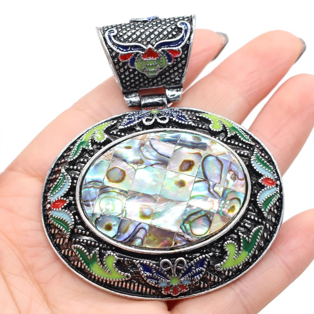 Vintage Ethnic Natural Stone Crystal Agates Charms Elliptical Boho Abalone Shell Pendant for Jewelry Making DIY Necklace Gift