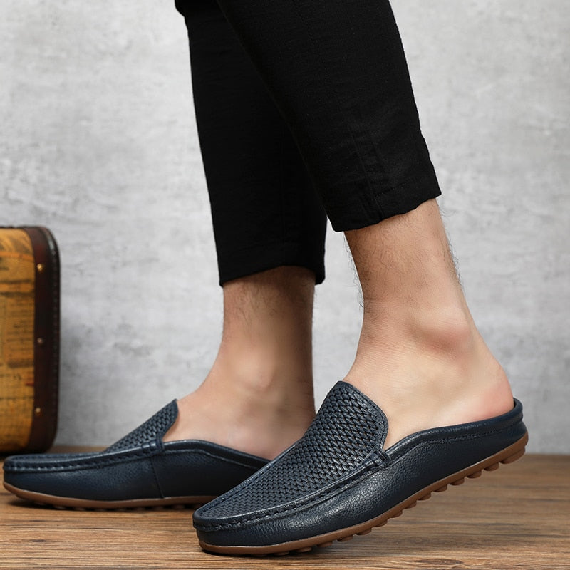 Italian Men Slippers Genuine Leather Loafers Moccasins Outdoor Non-slip Black Casual Slides Summer Spring Fashion Shoes 2020 - Charlie Dolly