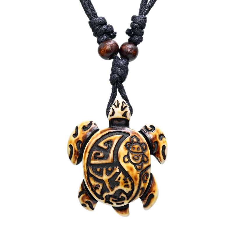 Sea Turtle Bone Pendant Wax Cord Necklace Jewelry