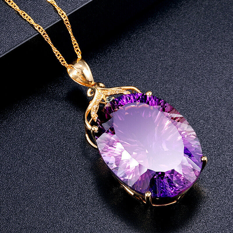 Amethyst Sapphire Gemstone Charm 18k Gold Plated Silver 36CT Oval Crystal Zircon Pendant Necklace Lady Wedding Jewelry - Charlie Dolly