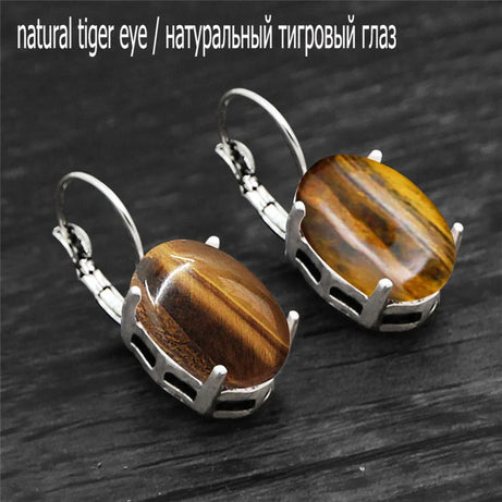Vintage Natural Lapis Lazuli Tiger Eye Claw Cuff Earrings For Women Antique Silver Plated Natural Stone Unakite Fashion Earring - Charlie Dolly