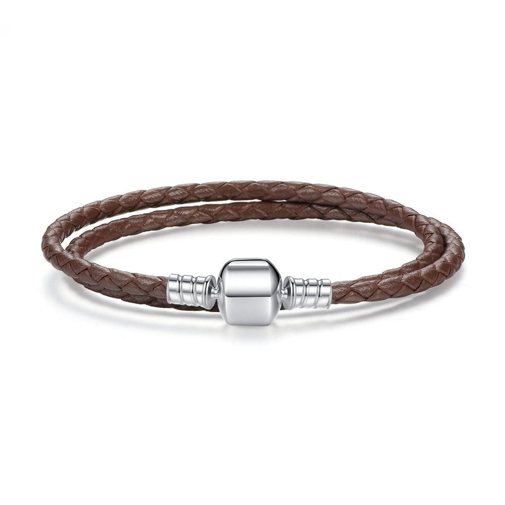 BAMOER Genuine Long Double Pink Black Braided Leather Chain Women Bracelets with 925 Sterling Silver Snake Clasp PAS908 - Charlie Dolly