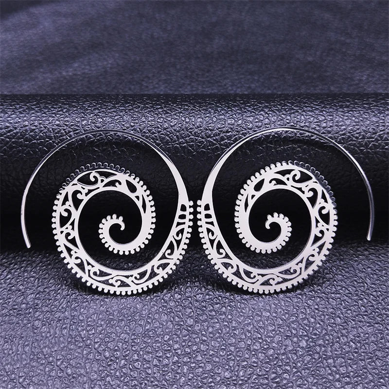 Indian Tribal Ethnic Stainless Steel Spiral Hoop Earrings Bohemian Mandala Flower Boho Earrings Women  Jewelry aros mujer E9205