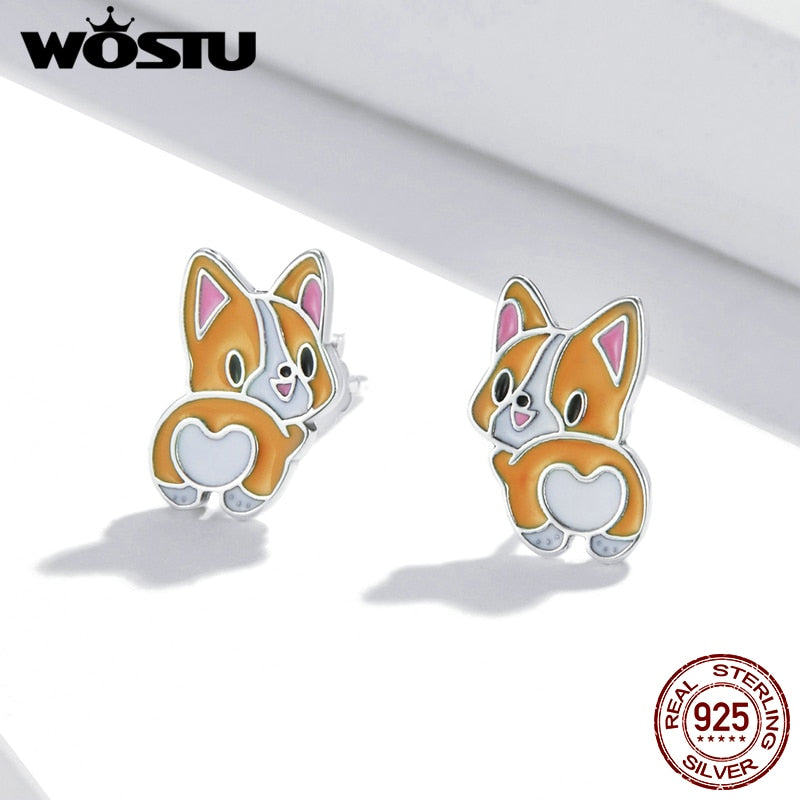 WOSTU 2021 925 Sterling Silver Animals Cute Lovely Corgi Stud Earrings For Women Fashion Party Jewelry CQE1281 - Charlie Dolly