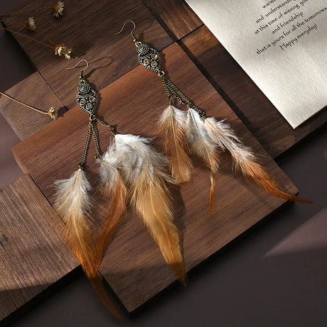 Feather Rhinestone Chain Tassel Long Earrings Jewelry