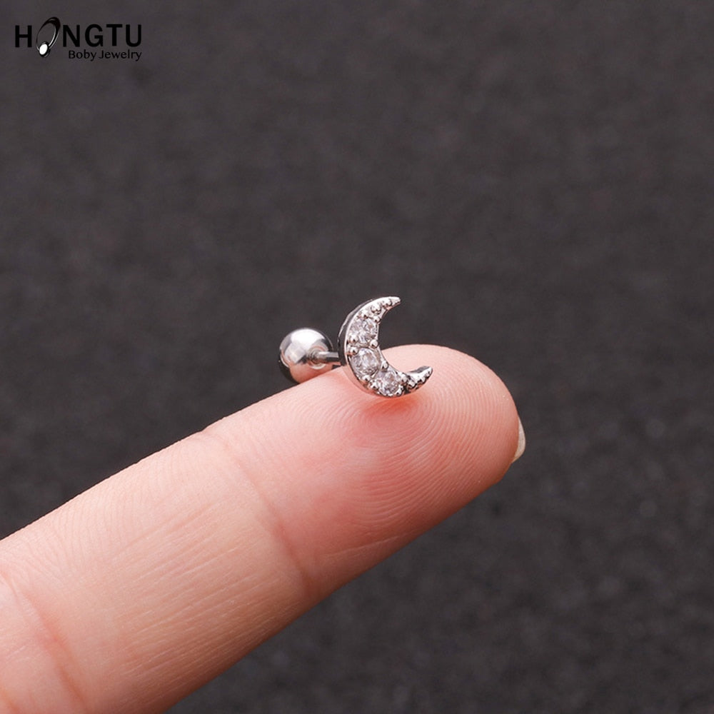 HONGTU 1PC Copper Flower Heart Moon Zircon Tragus Ear Piercing Surgical Steel Shaft Bar Daith Earrings Helix Cartilage Studs 16g - Charlie Dolly