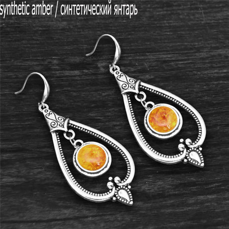 Round Amethysts Drop Earrings For Women Tibetan Silver Natural Stone Rose Quartz Lapis Lazuli Tiger Eye Fashion Dangle Earring - Charlie Dolly