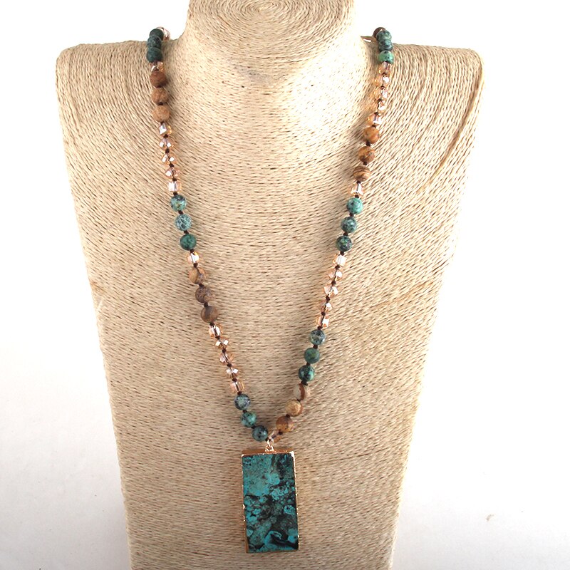 RH Fashion Boho Jewelry Natural Stones Long Knotted Semi Precious Stone Rectangle Pendant Necklaces Women Bohemia Necklace Gift - Charlie Dolly