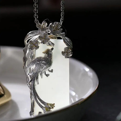 Silver-Inlaid Natural Hetian Jade Phoenix Clavicle Necklace, Ethnic Wedding Talisman