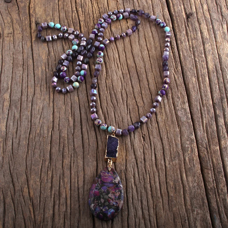 RH Fashion Bohemian Jewelry Natural Random Shape Stones With Druzy Links Semi Precious Pendant Necklaces For Women Boho Gift