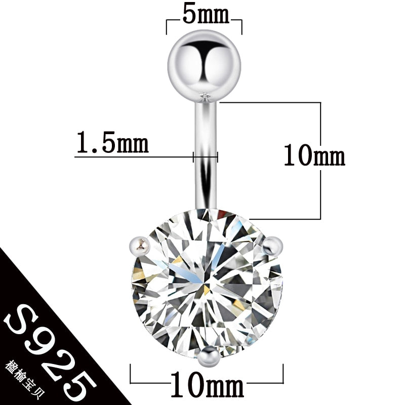 Belly button ring real 925 sterling silver prong 10mm zircon clear stone body jewelry free shipping navel ring piercing jewelry - Charlie Dolly
