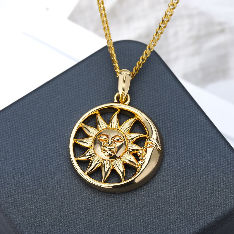 Stainless Steele Sun Moon Necklace Goth Sun Pendant Necklace for Women Men Gold Color Choker Tarot SunFlower Face Jewelry Bijoux - Charlie Dolly