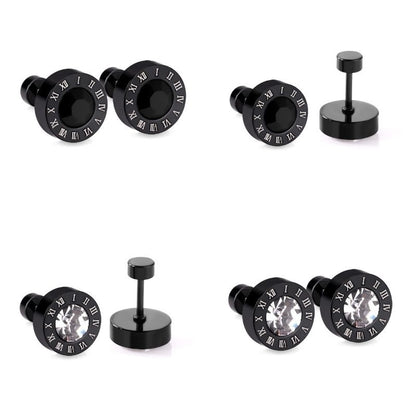 LUXUKISSKIDS Roman Numerals Men's Earrings Gothic Black Studs Steel Korean Fashion For Women 2023 Trendy Punk CZ Hiphop Piercing