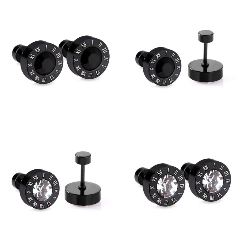 LUXUKISSKIDS Roman Numerals Men's Earrings Gothic Black Studs Steel Korean Fashion For Women 2023 Trendy Punk CZ Hiphop Piercing - Charlie Dolly