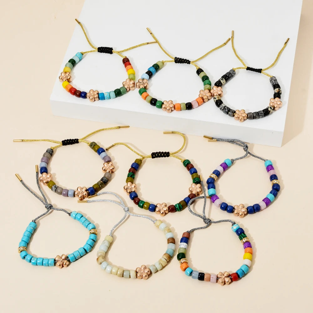 Vintage Boho Handmade Pull Tie on Rope Bracelet DIY Natural Stones Crystal Charm Beads Stone Trendy Bracelet Lucky Jewelry