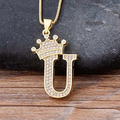 Nidin  Luxury Copper Zircon A-Z Crown Alphabet Pendant Chain Necklace Hip-Hop Style Fashion Woman Man Initial Name Jewelry - Charlie Dolly