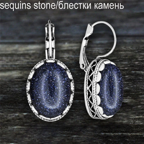 Oval Amethysts Earrings For Women Tibetan Silver Natural Stone Rose Quartz Lapis Lazuli Tiger Eye Fashion Earring - Charlie Dolly
