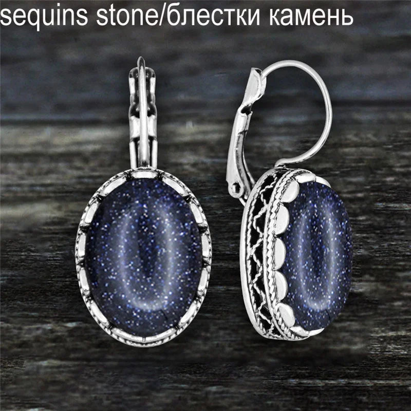 Oval Amethysts Earrings For Women Tibetan Silver Natural Stone Rose Quartz Lapis Lazuli Tiger Eye Fashion Earring