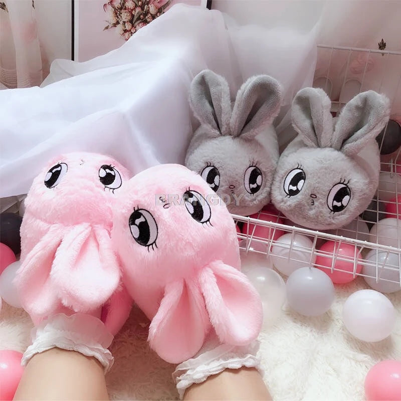 2021 Cute pink rabbit gray bunny slipper cartoon animal plush slippers female winter warm rabbit home woman slipper - Charlie Dolly