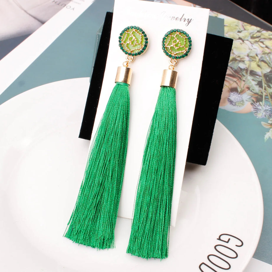 Silk Rose Flower Crystal Long Tassel Earrings Jewelry