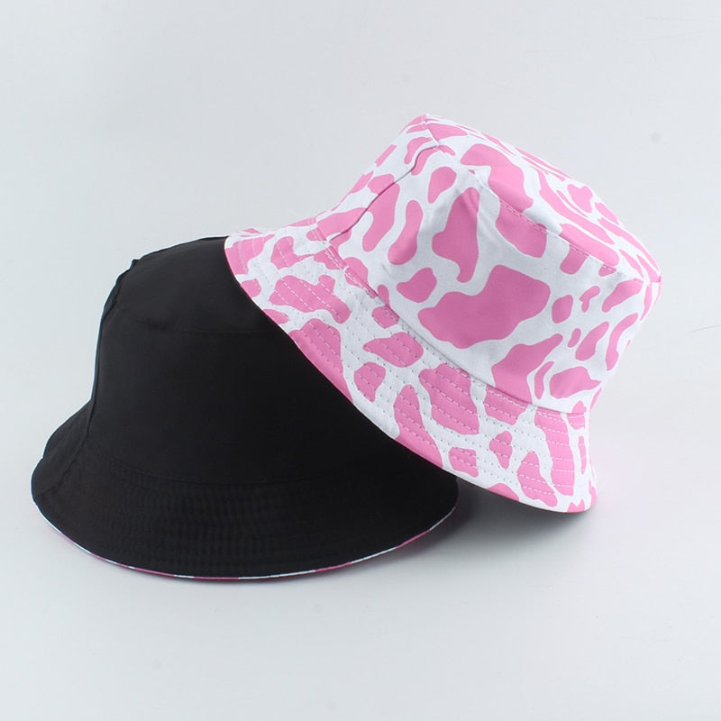 2021 New Fashion Korean Pink Cow Print Bucket Hat Women Reversible Fishing Cap Bob Chapeau Autumn Summer