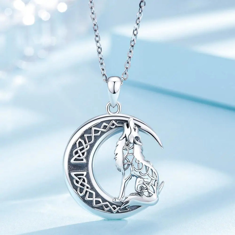 S925 Sterling Silver Wolf & Moon Pendant Necklace, Valknut Odin Norse Viking Amulet