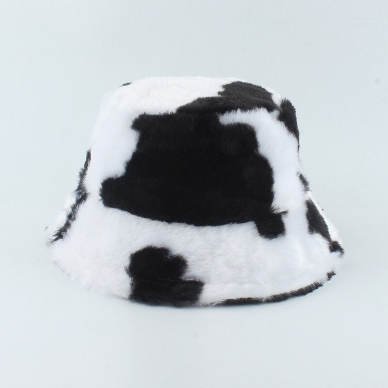 2021 New Fashion Korean Pink Cow Print Bucket Hat Faux Fur Winter Hats For Women Warm Plush Fisherman Caps - Charlie Dolly