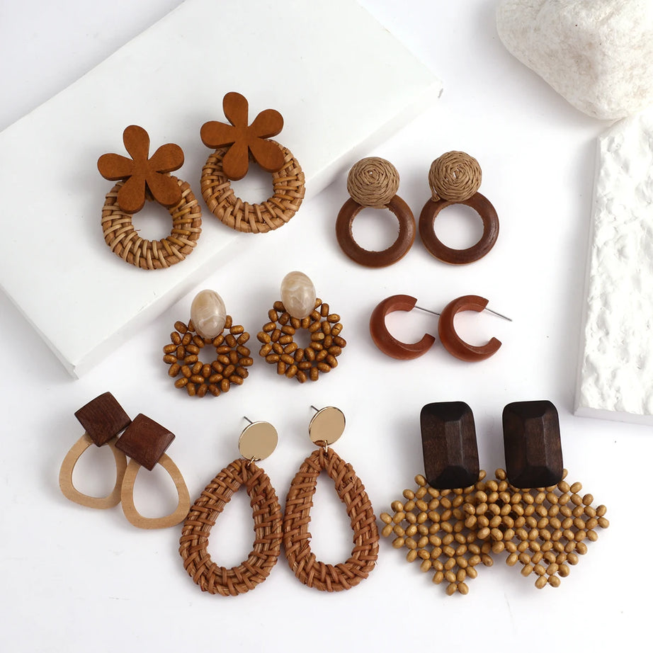 Wooden Rattan Braid Geometric Drop Earrings Jewelry