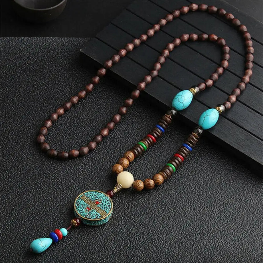 Nepal Wood Bead Pendant Long Necklace Jewelry