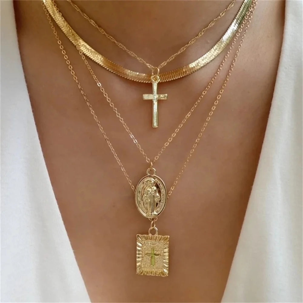 Gold Heart Multilayer Pendant Necklace Set Jewelry