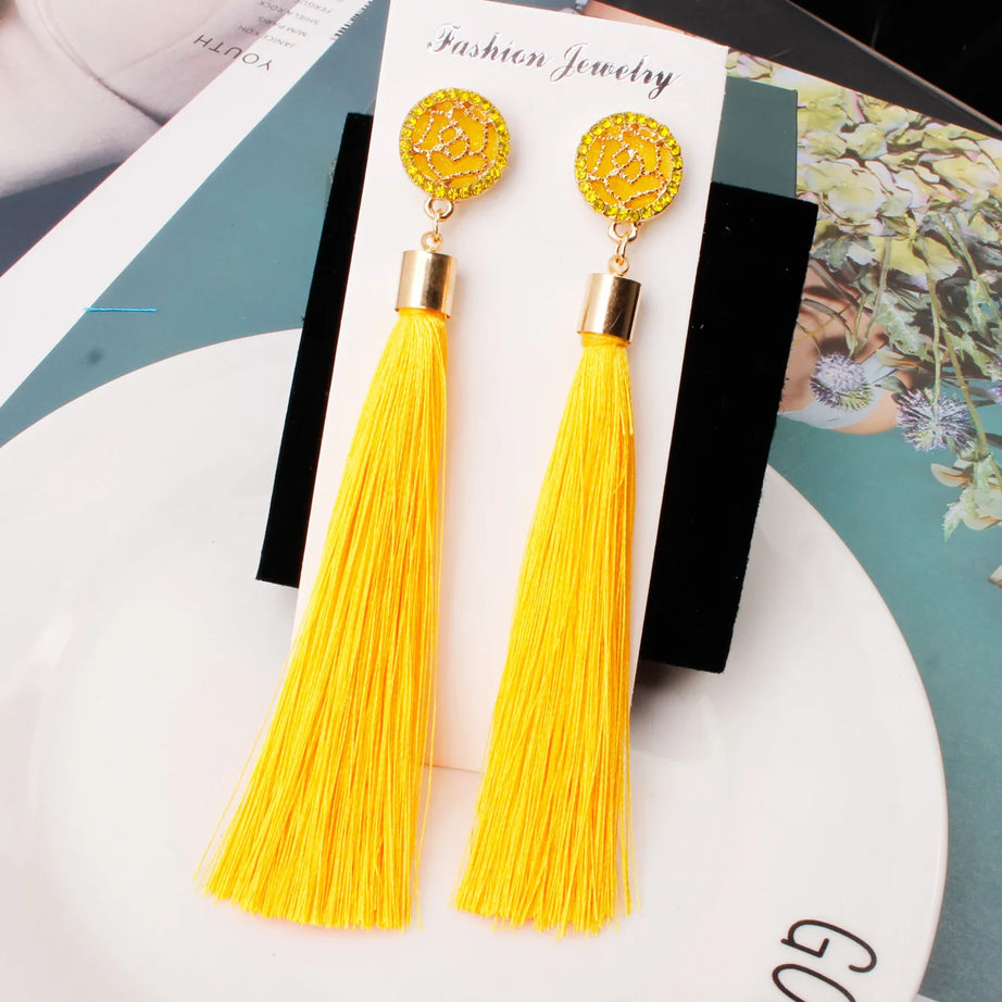 Silk Rose Flower Crystal Long Tassel Earrings Jewelry