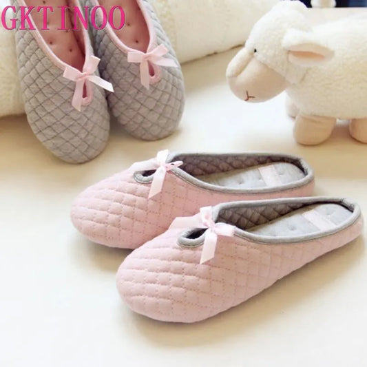 Lovely Bowtie Winter Women Home Slippers For Indoor Bedroom House Soft Bottom Cotton Warm Shoes Adult Guests Flats - Charlie Dolly