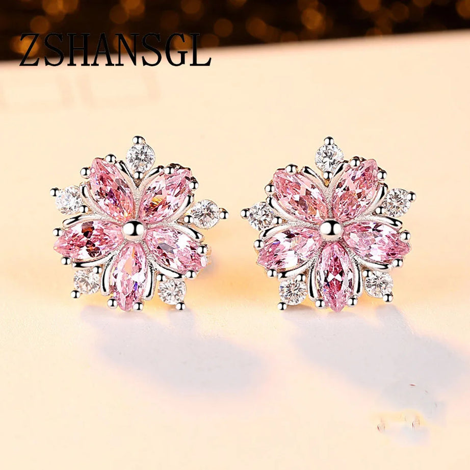 Pink Crystal Sakura Snowflake Stud Earrings Jewelry